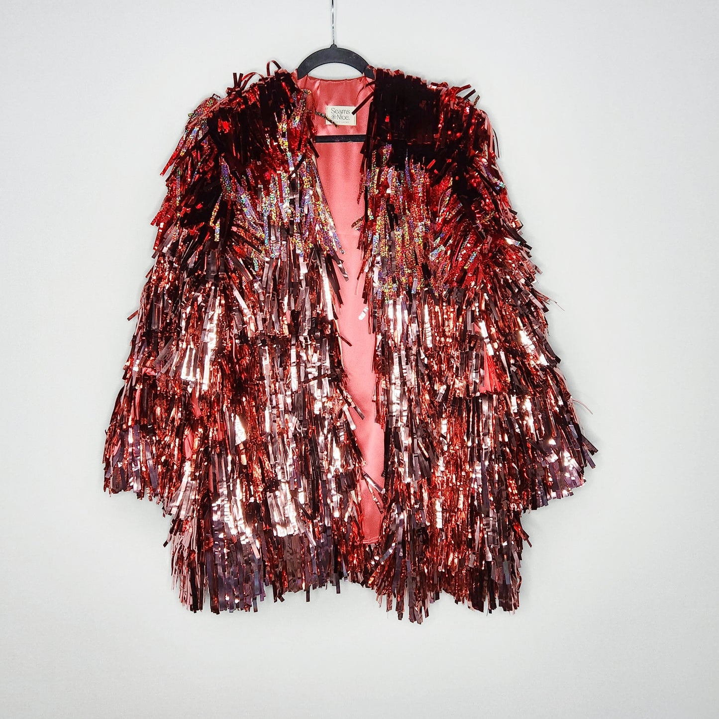 Long Rose Gold to Red Ombre Tinsel Jacket